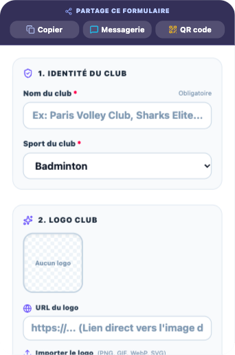 Aperçu du formulaire de création de la page de club