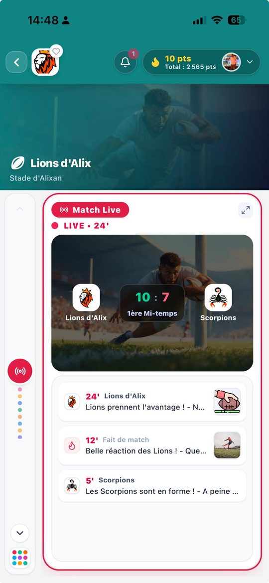 Page du club Les Lions d'Alix : match en direct dans l'appli TriceraClub