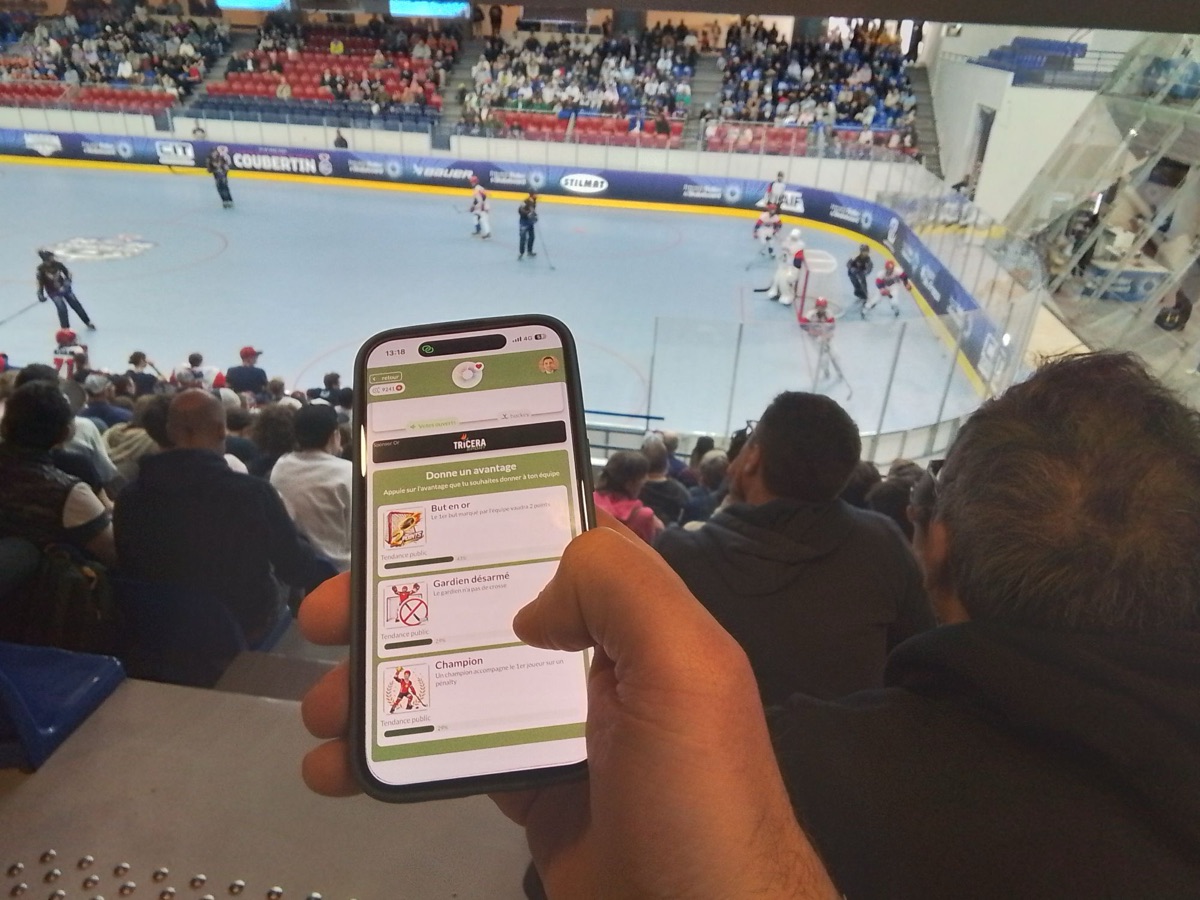Un spectateur vote depuis son smartphone pendant un match de hockey